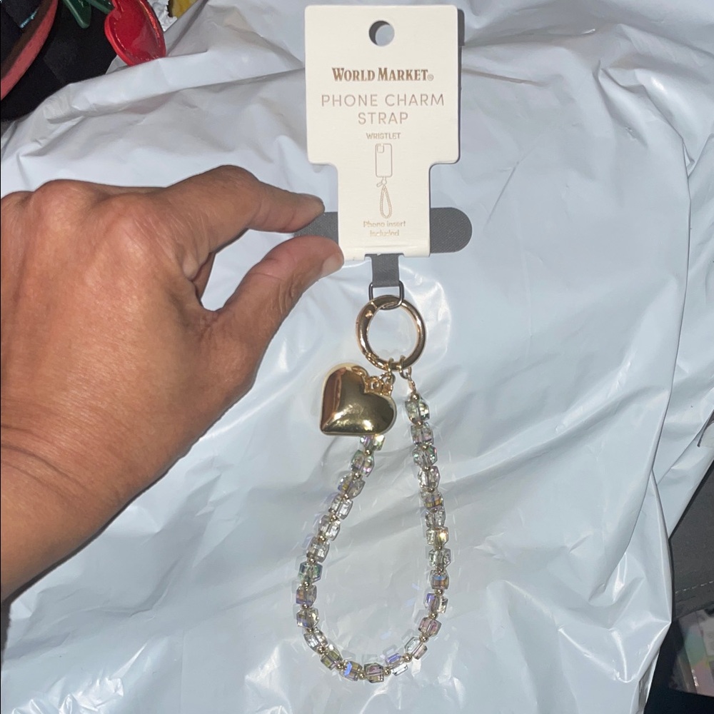 Cost Plus World Market Gold Heart Beaded Phone Charm Strap with Clear Beads
